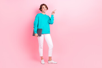 Canvas Print - Full length photo of young lady finger empty space apple macbook samsung dressed stylish blue garment isolated on pink color background