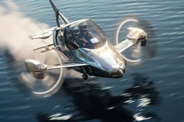 Poster - A small propeller plane is seen flying over a calm body of water. This image can be used to depict aviation, travel, or leisure activities near the water.