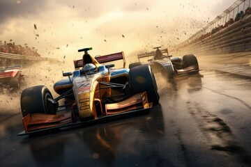 Wall Mural - a race car driving down a wet road. perfect for automotive enthusiasts and sports lovers.