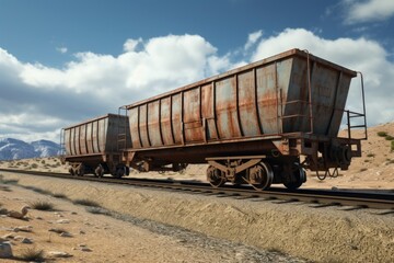 Poster - A rusty train car sitting on a train track. This image can be used to depict abandoned or neglected transportation, or to symbolize the passing of time and the decay of infrastructure.