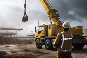 Aufkleber - A construction worker standing in front of a crane. This image can be used to illustrate construction projects, building sites, or the construction industry.