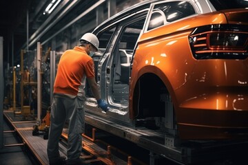 Poster - A man is seen working on a car in a factory. This image can be used to illustrate automotive manufacturing or repair processes.