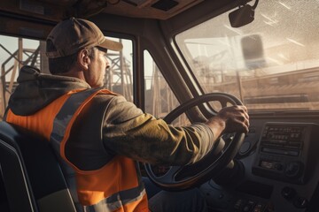 Poster - A man is pictured driving a truck on a bridge. This image can be used to depict transportation, travel, or the concept of moving forward.