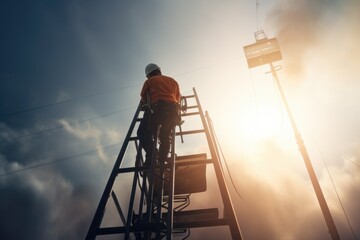 Poster - A man standing on top of a metal ladder. This versatile image can be used to depict concepts of success, achievement, determination, and overcoming obstacles.