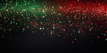 Green Red Christmas Particles And Sprinkles For A Holiday Event. Background With Sparkles And Glitters