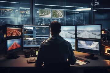 Wall Mural - A man is sitting at a desk with multiple monitors, focused on his work. This image can be used to depict a professional working environment or a technology-related concept.