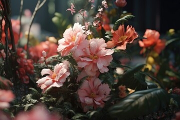 Poster - A bunch of pink flowers in a garden. Perfect for adding a touch of color to any project or design.