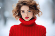 woman wearing red knitted turtle neck sweater, winter woman portrait 