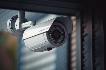 Poster - A security camera mounted on the side of a building. This image can be used to depict surveillance, security systems, or urban safety.