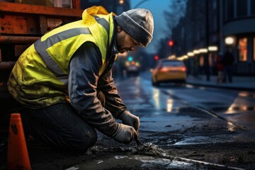 Poster - A man wearing a yellow vest is seen working on a street. This image can be used to depict construction work or road maintenance.