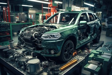 Poster - A green car being worked on in a factory. Suitable for automotive industry-related designs.