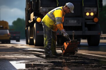 Canvas Print - A man wearing a yellow safety vest is seen working on a road. This image can be used to depict construction, roadwork, or safety precautions.