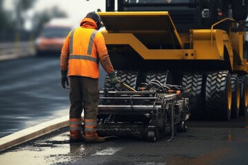 Canvas Print - A man in an orange safety vest is seen working on a road. This image can be used to depict road construction, infrastructure development, or maintenance projects.