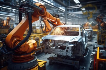 Poster - A picture of a car being worked on in a factory. This image can be used to depict the manufacturing process or the automotive industry.