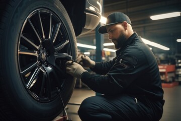 Poster - A man is seen working on a tire in a garage. This image can be used to depict automotive repair, maintenance, or DIY projects.