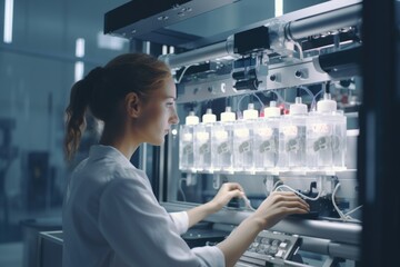 Aufkleber - A woman is seen working with bottles in a machine. This image can be used to depict manufacturing, production, or the beverage industry.