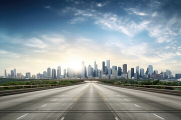 Poster - An empty highway with a city skyline in the background. This image can be used to depict urban landscapes, transportation, or travel concepts.