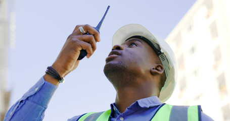 Aufkleber - Communication, radio and construction worker, man or manager for project management in urban city. African builder in engineering inspection, building progress or architecture survey on walkie talkie
