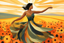 young dark skin poc woman dancing in a field of sunflowers with sun in dress under blue sky in summer in textured pencil hand drawn color block sketch illustration style for joy happiness goddess