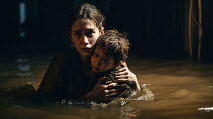 Scared mum protecting her son from flood