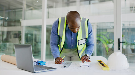Poster - Architecture, man and calculator for blueprint planning. ratio check and numbers or project development in office. African designer or engineering worker for floor plan strategy, sketch or statistics