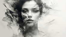 Smudged Ink Effect, Black And White Portrait Of A Girl, Light Depressing Image