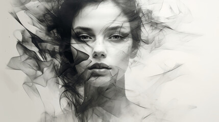 Smudged ink effect, black and white portrait of a girl, light depressing image