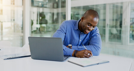 Aufkleber - Business man, writing and planning on computer for financial career notes, information and reminder in office. Professional african accountant on laptop and notebook for happy ideas and brainstorming