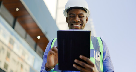 Aufkleber - Engineering, man and tablet at construction site inspection, building development and industrial renovation. Excited or happy african worker on digital tech, design software or architecture planning