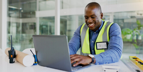 Aufkleber - Laptop, architecture and a black man construction worker in an office for planning a building project. Computer, smile and a happy young engineer in the workplace for research as a contractor