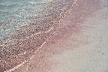 Wall Mural - Sandy beach in Elafonisi, Crete, Greece. Transparent calm sea water, pink sand. Above view, space