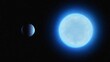 Planet around a white dwarf. Rocky exoplanet orbiting a dwarf star in space.