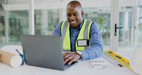 Poster - Laptop, smile and a black man architect in an office for planning a building project. Computer, design and a happy young construction worker in the workplace for research as a maintenance contractor
