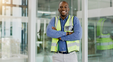 Aufkleber - Black man, and arms crossing with reflector, real estate development and property design or career. Portrait, architecture and engineering professional in office, confident and project management