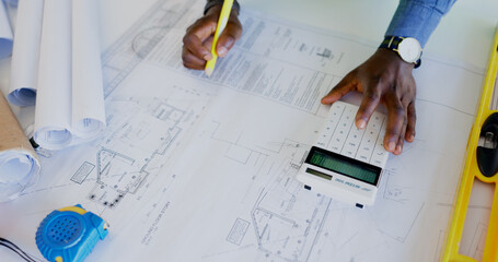 Poster - architecture, hands and calculator for blueprint planning. ratio check and numbers or project develo