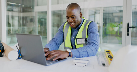 Poster - laptop, smile and a black man construction worker in an office for planning a building project. comp