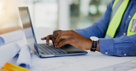Poster - Hands, laptop and person in construction or architect working on floor plan, contractor and maintenance job. Typing, digital blueprint for architecture project and productivity with design software
