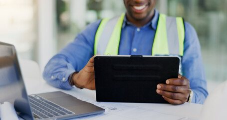Aufkleber - Tablet, laptop and hands for architecture, blueprint and renovation or building development and online progress. Happy contractor, person or engineering designer on digital technology for floor plan