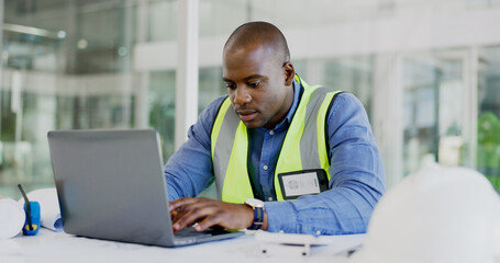 Poster - Man, engineering and laptop for online planning, blueprint report and design update in office project management. African builder, contractor or architecture worker typing on computer for floor plan