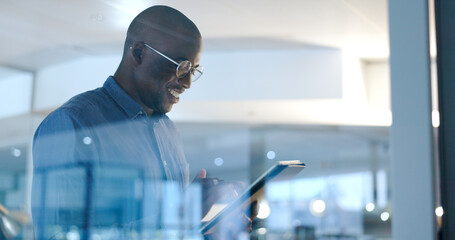 Aufkleber - Tablet, research and professional businessman in the office planning legal project with deadline. Reading, glasses and professional African male attorney working on a law case in workplace at night.
