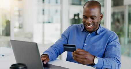 Business man, credit card and laptop for office online shopping, e commerce payment and happy loan. African employee on computer for web banking, financial investment or registration for debit order