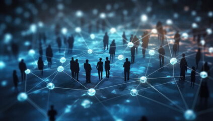 Poster - group of business people silhouettes and social connection concept.