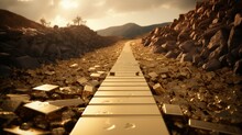 Investments, Enrichment, Path To Wealth Concept With Golden Yellow Gold Brick Road. Golden Path Leading To Success And Wealth