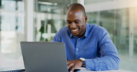 Aufkleber - Computer, business and happy black man in office for finance report, online banking and financial accounting. Corporate, workplace and person on laptop for internet, website and research at desk