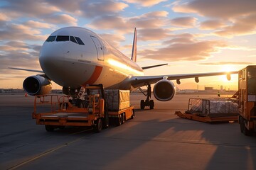 Commercial cargo air freight airplane loaded at airport in the evening