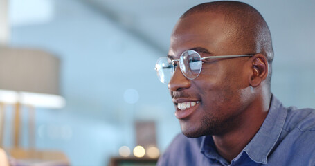 Aufkleber - Reading, research and professional businessman in the office planning legal project with deadline. Focus, glasses and professional African male attorney working on a law case in workplace at night.