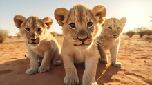 3 Lion Cubs In The Desert A Family Of Lion Cubs Thriving Amidst The Harsh Beauty Of The Desert Lion Cubs Wildlife, African Wildlife, Africa, Desert Landscape, Desert Animals, Generative With Ai
