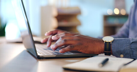 Aufkleber - Businessman, laptop and typing at office for communication, project or online research on table. Closeup of male person or employee working on computer for email, writing or schedule planning on desk