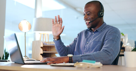 Aufkleber - Happy black man, laptop and wave in video call, virtual or online business meeting at office. African male person, consultant or sales agent smile for hello, communication or networking at workplace