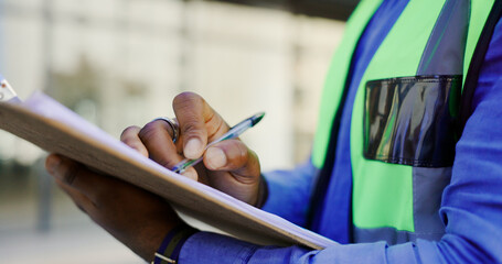 Poster - hands, clipboard and person in construction, writing and inspection, architect or contractor at main
